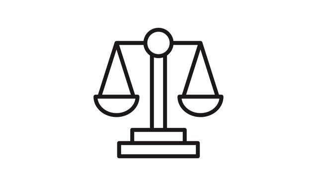 Black line vector icon of a balance scale of justice, symbolizing law, legal systems, equality, and judicial judgment, minimalist graphic illustration isolated on a white background.