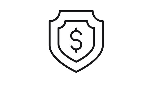 Minimalist black line art vector icon of a shield with a dollar sign symbol, representing financial security, money protection, banking safety, insurance, and secure payment transactions.