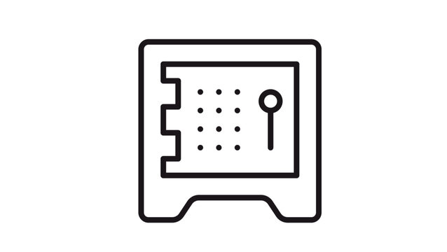 Minimalist black line vector icon of a secure metal safe or bank vault with a digital keypad and handle, symbolizing financial security, protection of valuables, and banking, isolated on white.