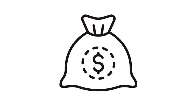 Minimalist black line art vector icon of a money bag with a dollar sign symbol inside a dashed circle, representing finance, wealth, banking, investment, savings, and profit illustration.