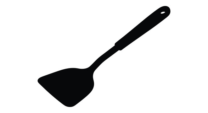 A black silhouette of a turner spatula against a stark white background isolated view high quality