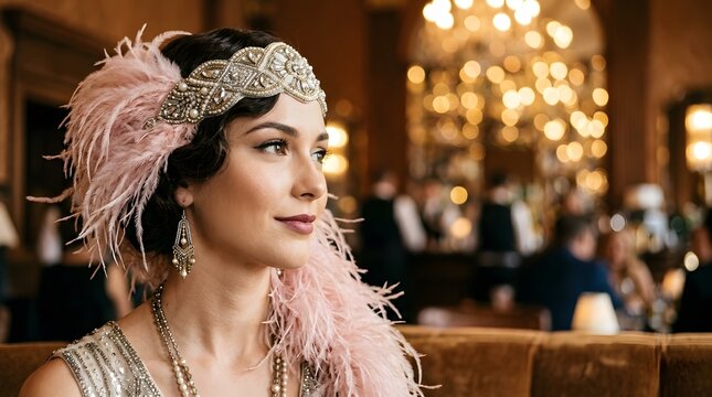 Elegant woman in 1920s flapper attire at vintage-themed event