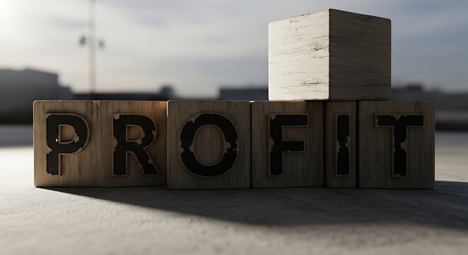 Wooden blocks spell out the word profit symbolizing financial gain and success