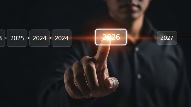 Person's finger touches the year 2026 on a futuristic timeline interface.