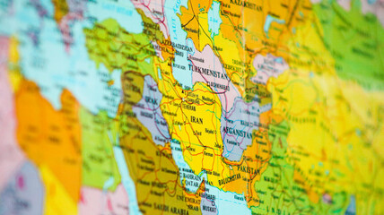 Obraz premium Map of the Middle East region with a focus on Iran. Detailed political map highlighting Iran's borders and its strategic geographic position in Western Asia.