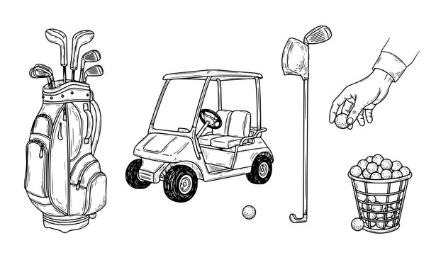 Hand Drawn Golf Elements Bag Cart Balls and Hand Sketch Vector Set