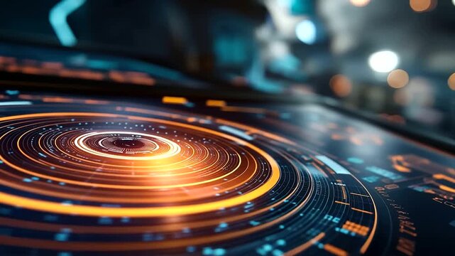 Close up of a futuristic radar interface display screen showing concentric scanning circles with detection markers and target information boxes a digital sonar wave pulse