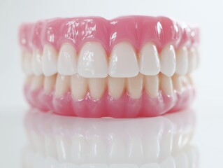 Obraz premium Realistic full dental dentures on white reflective background