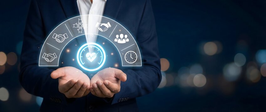 Businessman holds cupped hands, radiating a glowing half-circle of service icons with a central checkmark heart.