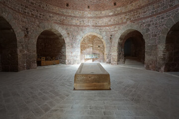 Midyat, Mardin, Turkey – August 21, 2022: Interior view of Mor Gabriel Monastery showcasing historic Syriac Orthodox architecture and stone design © aselight