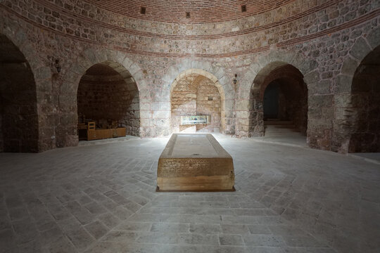 Midyat, Mardin, Turkey &ndash; August 21, 2022: Interior view of Mor Gabriel Monastery showcasing historic Syriac Orthodox architecture and stone design