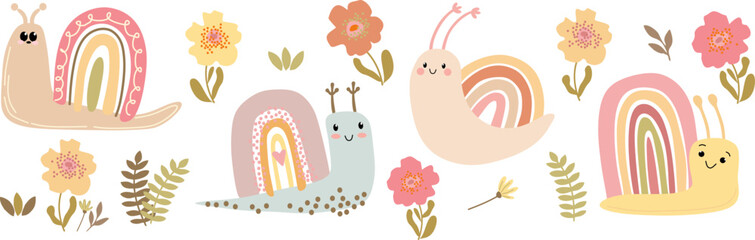 Whimsical set of vector clipart featuring happy snail characters with rainbow shells, spring flowers, and leaves. Isolated elements for nursery decor, kids' branding,  © Svetlana