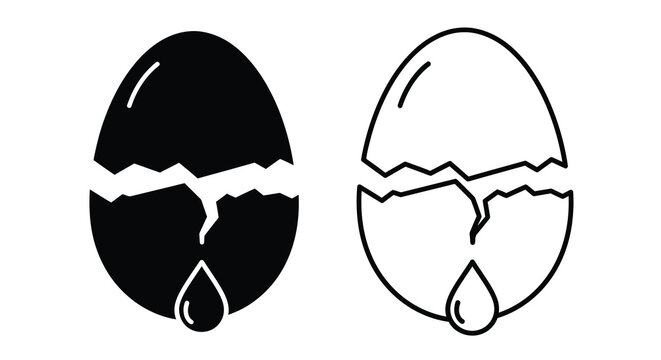 A contrasting depiction of cracked eggs one solid one outlined with drips
