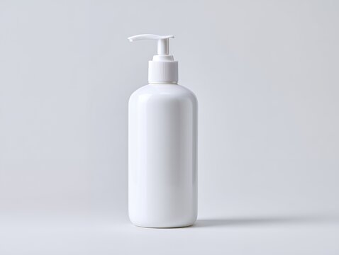 White plastic pump bottle mockup on a light gray background