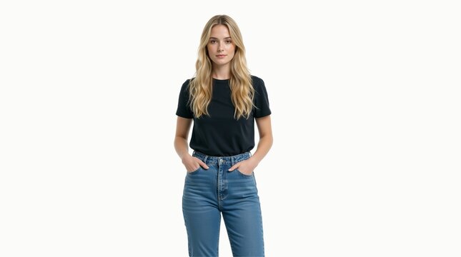 Young blonde woman in black t-shirt and blue jeans on white background. Casual fashion portrait of female model standing with hands in pockets. Minimalist studio shot for retail catalog