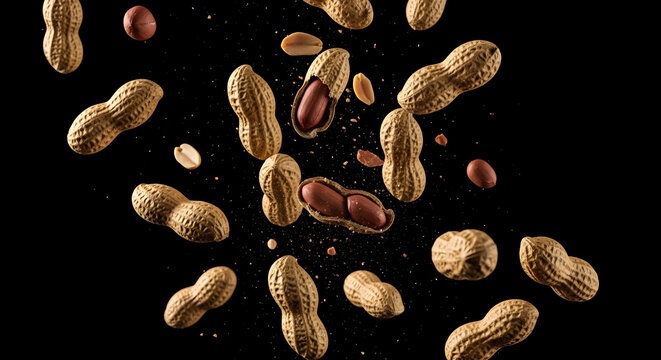 Raw peanuts in shells floating in the air against a black background