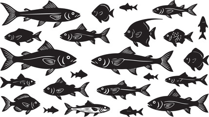 Black and white fish illustration a school of aquatic life in a hand drawn style © Naeem