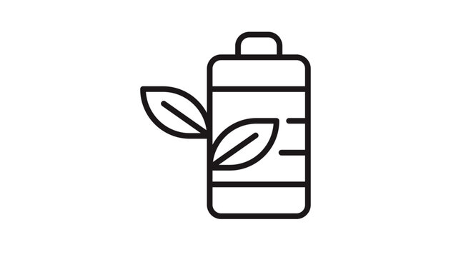Green energy battery vector icon with leaves representing sustainable renewable power and eco-friendly technology. Minimalist black line illustration for environmental conservation concepts.