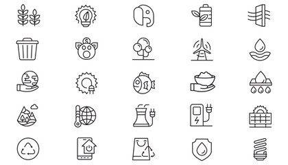 Vector Icon Set of 25 Black Minimalist Line Symbols: Green Energy, Sustainability, Ecology, Solar Power, Recycling, Environment, Nature, Finance, Agriculture, Technology, and Social Issues Bundle © Saima