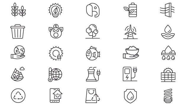 Vector Icon Set of 25 Black Minimalist Line Symbols: Green Energy, Sustainability, Ecology, Solar Power, Recycling, Environment, Nature, Finance, Agriculture, Technology, and Social Issues Bundle