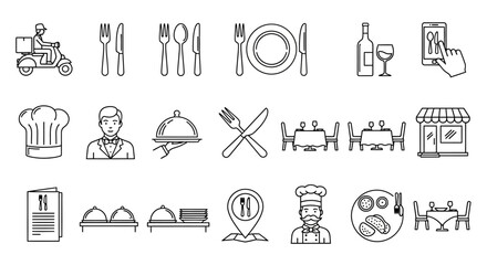 Fototapeta premium Set of line art icons representing various food and restaurant services, including delivery, dining, and catering with culinary elements