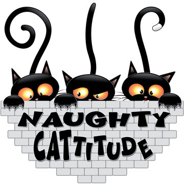 "Naughty Cattitude" Funny three Cute Black Cats Humorous Characters peaking Vector EPS 
