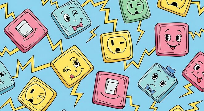 Whimsical cartoon illustration showing smiling electrical outlets and switches with lightning bolts
