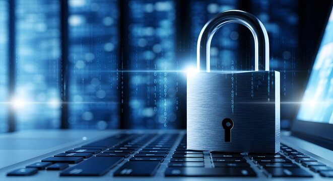 Cybersecurity lock on keyboard protecting digital information and data security in the modern world