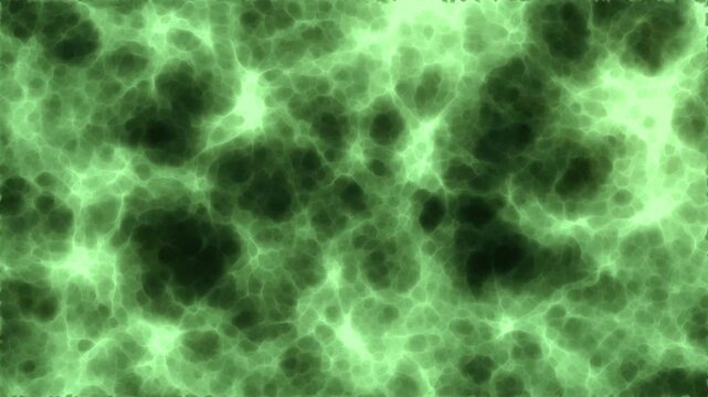 The animated green texture evokes associations with a network of living cells or energy flows, organic structures and biological activity pulsating in the darkness.