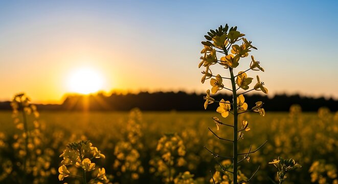 Yellow rapeseed flowers backlit by a golden sunset over a vast field