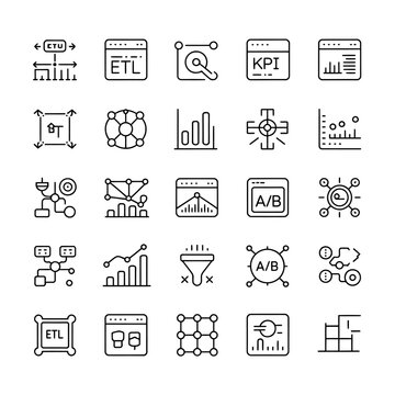 Collection of business analytics and data processing line icons for reports and dashboards