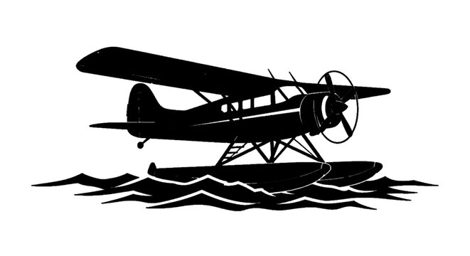Vector illustration of silhouette of a seaplane landing on water on a transparent background