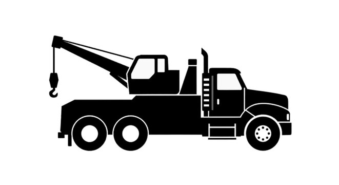 Vector illustration of silhouette of a heavy duty tow truck with a crane boom and hook on a transparent background