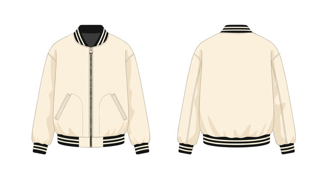 Detailed front and back views of a classic cream-colored varsity jacket display prominent black and white striped ribbing and a sleek metal zipper against a white background.