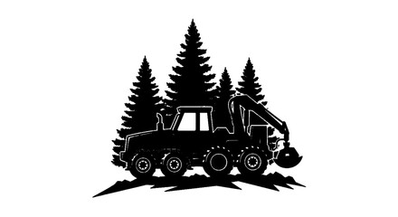 Fototapeta premium Vector illustration of silhouette of a forestry harvester machine in a forest with pine trees on a transparent background