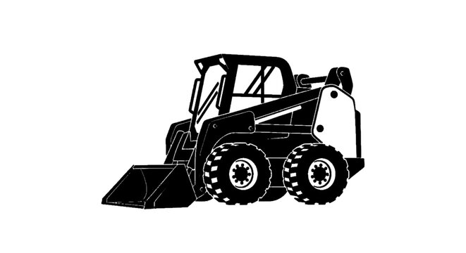 Vector illustration of black and white silhouette of a skid steer loader construction vehicle on a transparent background