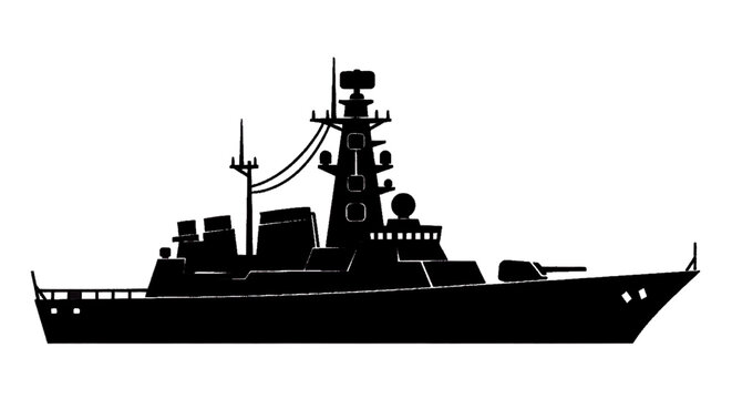 Vector illustration of silhouette of a modern naval warship, destroyer or frigate on a transparent background