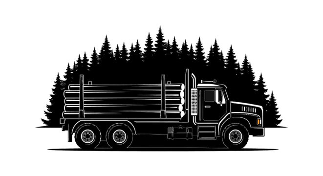 Vector illustration of logging truck carrying timber logs in front of a forest silhouette on a transparent background