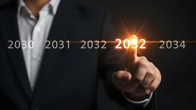 Businessman pointing at glowing year 2032 on a futuristic timeline