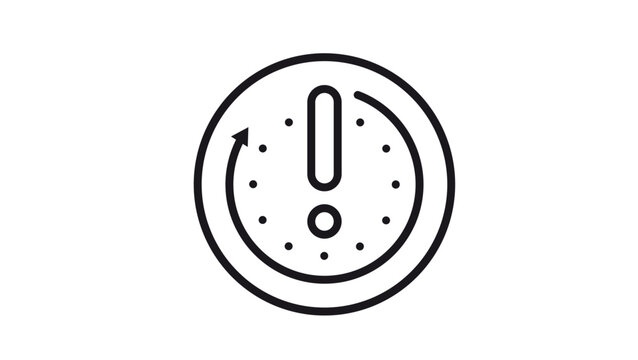 Black line vector icon of a clock face with an exclamation mark and a circular arrow, symbolizing a deadline, time limit, urgency, or warning alert, minimalist graphic illustration on white.