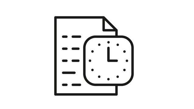 Document with clock icon vector illustration representing time management, scheduling, deadlines, and history. Minimalist black line art symbol for business productivity and organization.