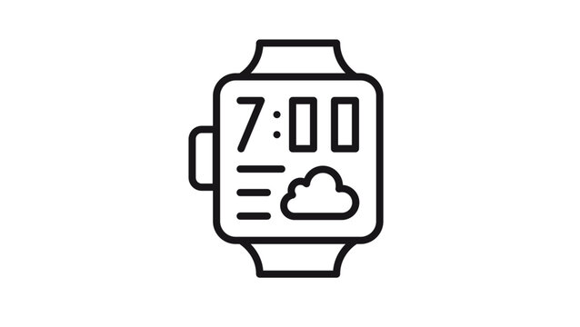 Minimalist black line vector icon of a modern smartwatch displaying digital time at 7:00 and a weather cloud symbol, representing wearable technology, fitness tracking, and smart gadgets illustration