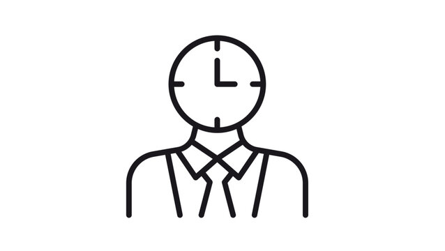 Minimalist black vector icon illustration of a business person with a clock head, symbolizing time management, deadlines, productivity, and professional scheduling in a clean line art style.