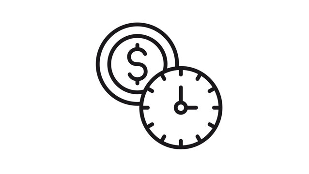 Time is money concept vector icon illustration featuring a dollar coin and a clock face, representing hourly rates, financial planning, investment duration, and business efficiency, black line.