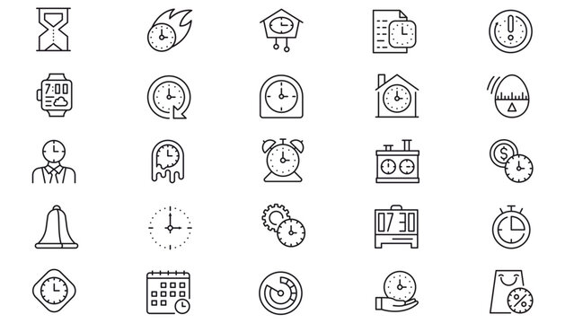 25 Black Minimalist Vector Icon Set Collection of Time Management and Clock Symbols. Bundle includes Hourglass, Alarm, Smartwatch, Stopwatch, Calendar, Deadline, and Business Productivity Graphics.