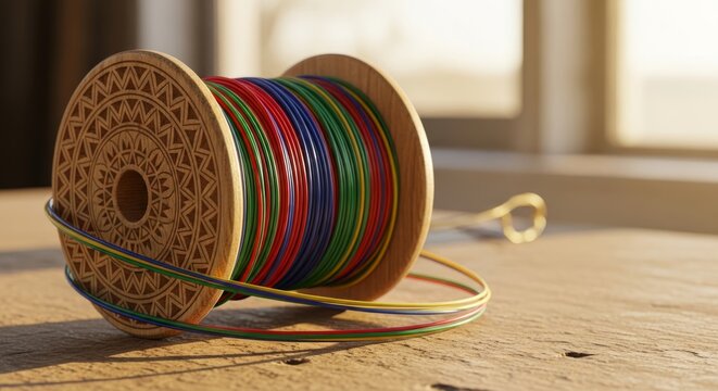Colorful wire spool on wooden surface in sunlight