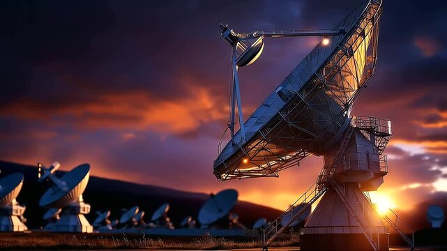Close up of a large satellite communication dish silhouetted against a dramatic orange and purple evening sky the dish surface showing riveted metal panels and a central feed