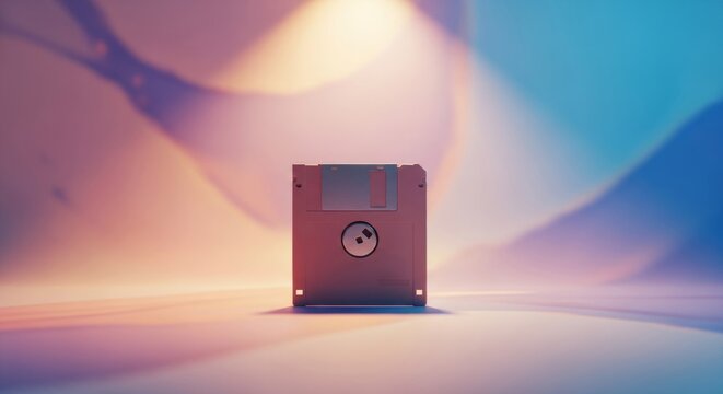 Retro floppy disk illuminated by colorful spotlights