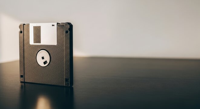 Vintage floppy disk on black wooden desk in soft natural light