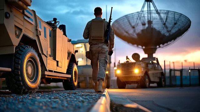 Close up of a soldier standing guard beside a large satellite communication dish and an armored vehicle the soldier's boots and rifle stock visible in the lower frame the dish